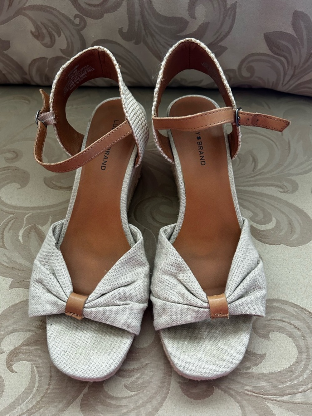 Lucky Brand Women’s 9M Beige Tan Linen Knot-Front Ankle-Strap Wedges Espadrille